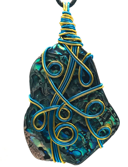 Abalone Shell Multi Color Sky Blue Gold Large 2-2 1/2 inch Pendant - Sunshine & Goldie