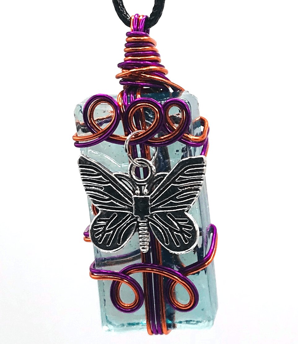Artisan Glass Butterfly Light Blue Purple Orange and Silver Medium 1 1/2-2 inch Pendant - Sunshine & Goldie