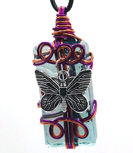 Artisan Glass Butterfly Light Blue Purple Orange and Silver Medium 1 1/2-2 inch Pendant - Sunshine & Goldie