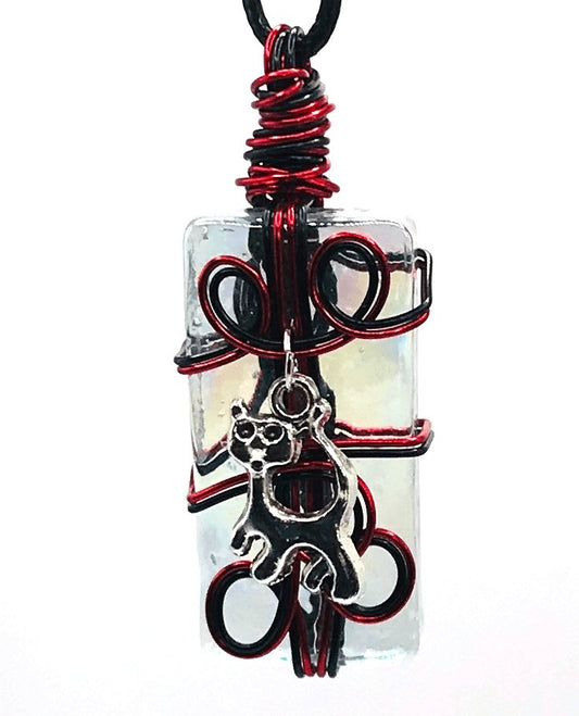 Artisan Glass Cat Red Black and Silver Medium 1 1/2-2 inch Pendant - Sunshine & Goldie