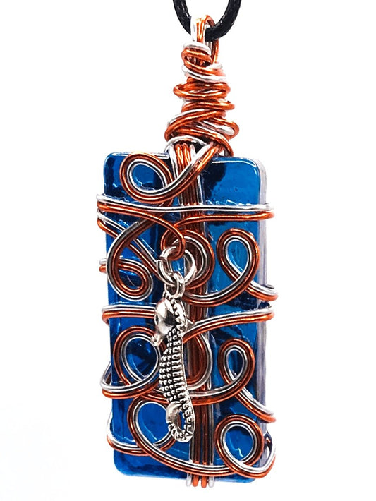 Artisan Glass Seahorse Blue Orange and Silver Medium 1 1/2-2 inch Pendant - Sunshine & Goldie