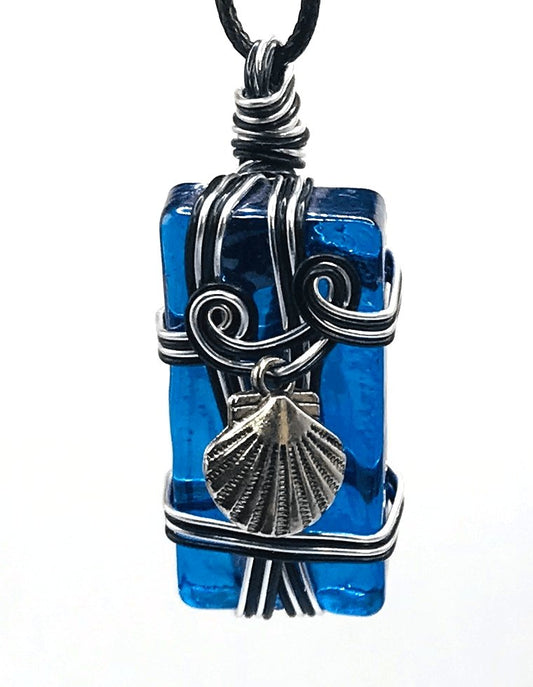 Artisan Glass Seashell Blue Black and Silver Medium 1 1/2-2 inch Pendant - Sunshine & Goldie