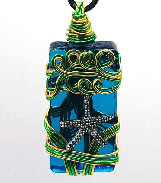 Artisan Glass Starfish Blue Green and Gold Medium 1 1/2-2 inch Pendant - Sunshine & Goldie