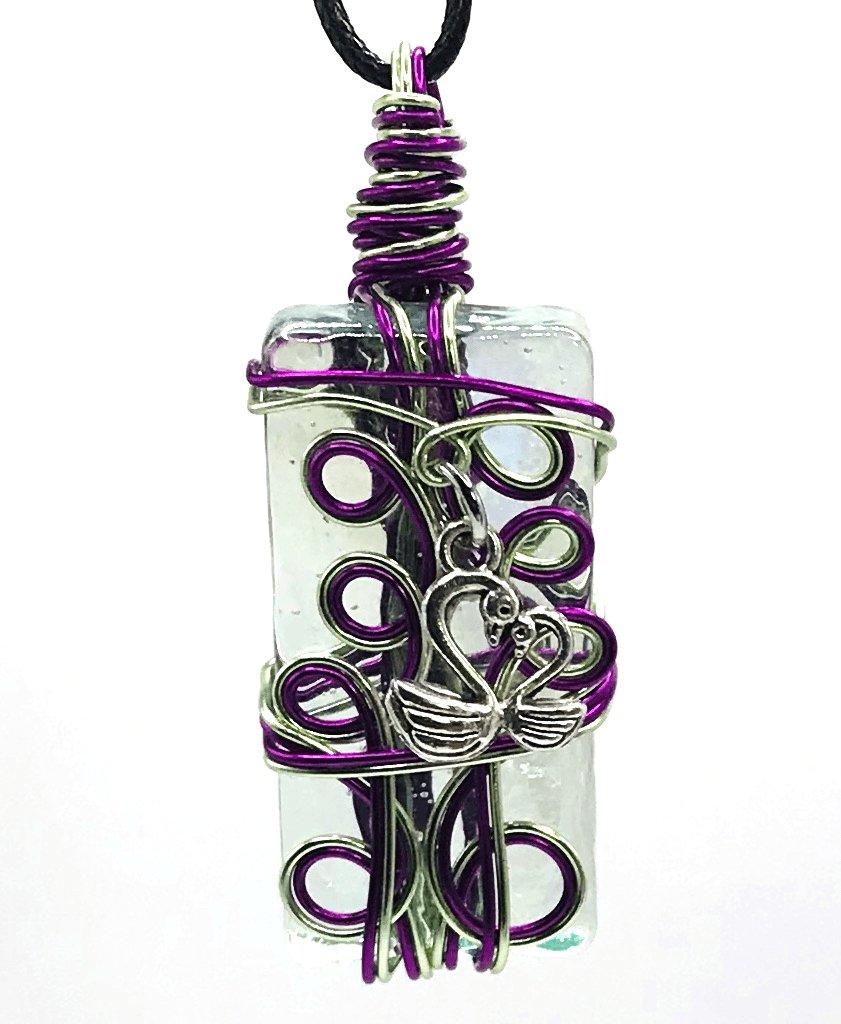 Artisan Glass Swan Heart Purple and Light Green Medium 1 1/2-2 inch Pendant - Sunshine & Goldie