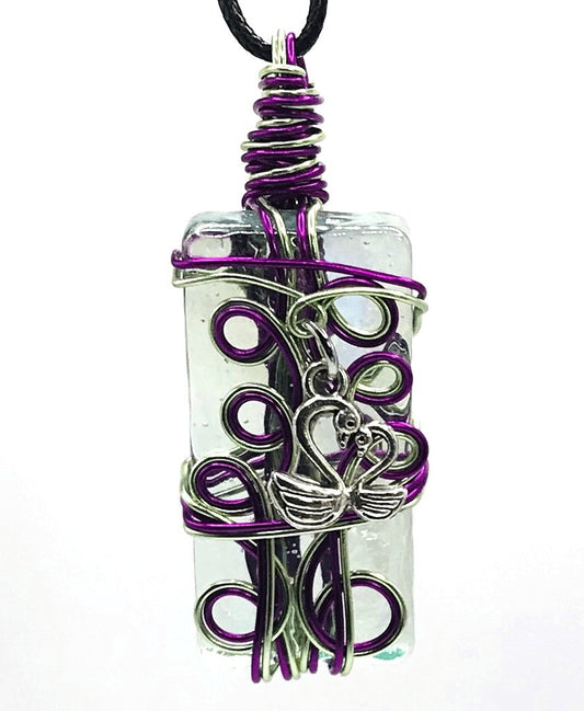 Artisan Glass Swan Heart Purple and Light Green Medium 1 1/2-2 inch Pendant - Sunshine & Goldie