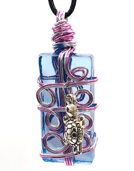 Artisan Glass Turtle Light Blue Silver and Pink Medium 1 1/2-2 inch Pendant - Sunshine & Goldie