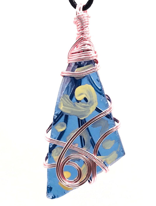Hand Painted Limited Edition Sea Glass Blue Pink Large 2-2 1/2 inch Pendant - Sunshine & Goldie
