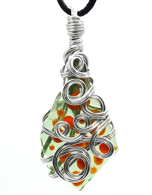 Hand Painted Limited Edition Sea Glass Pale Green Orange Silver Medium 1 1/2-2 inch Pendant - Sunshine & Goldie