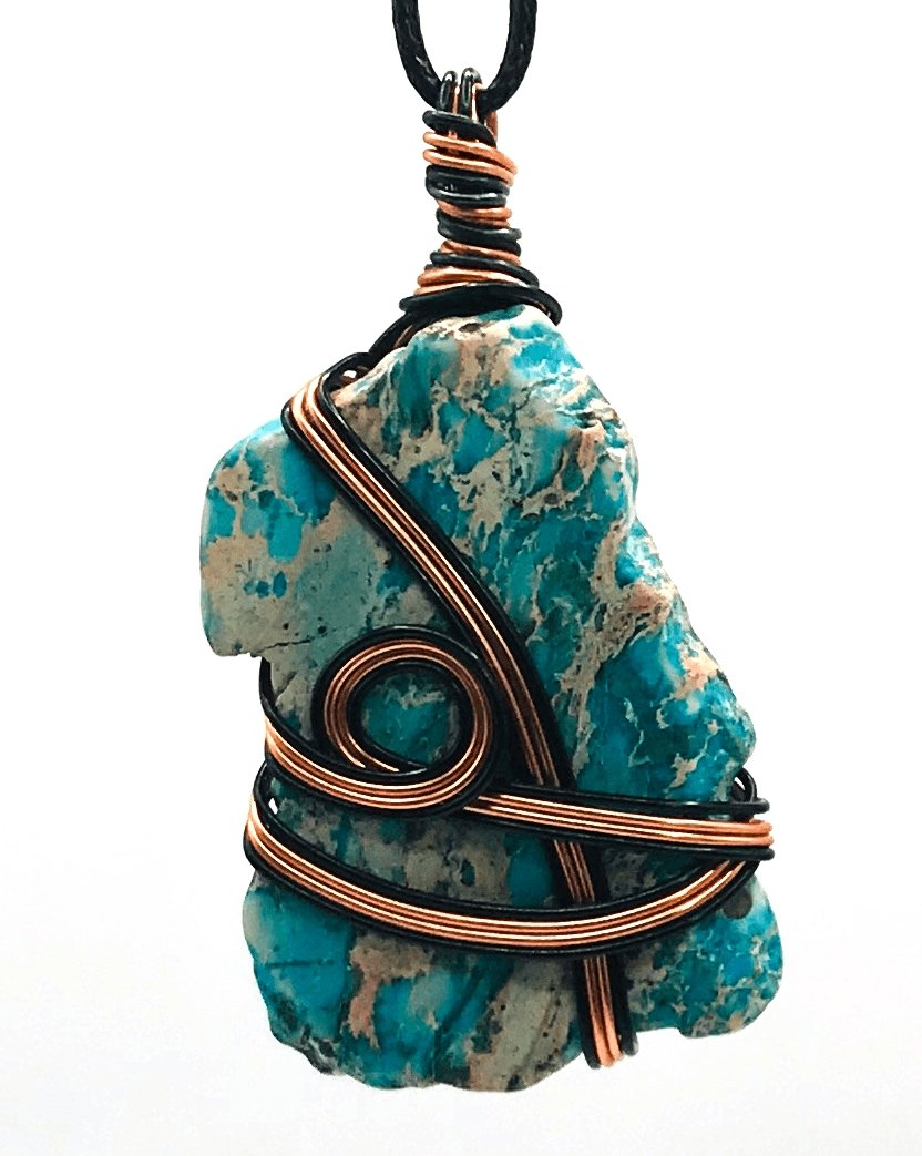 Imperial Jasper Stone Turquoise Blue Green Copper and Black Large 2-2 1/2 inch Pendant - Sunshine & Goldie