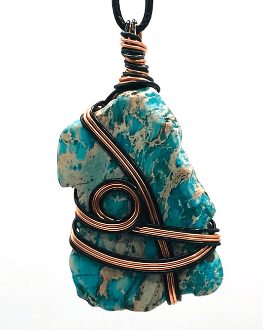 Imperial Jasper Stone Turquoise Blue Green Copper and Black Large 2-2 1/2 inch Pendant - Sunshine & Goldie
