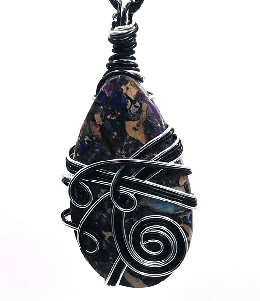 Impression Jasper Stone Purple Blue Tan Pink Black and Silver Large 2-2 1/2 inch Pendant - Sunshine & Goldie