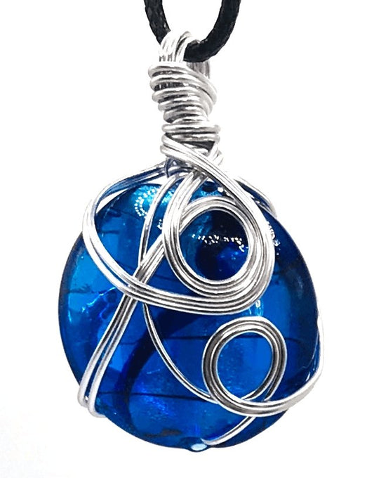 Premium Blue Glass Round Silver Small 1-1 1/2 inch Pendant - Sunshine & Goldie