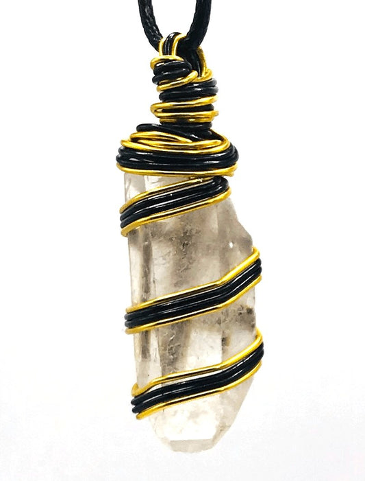 Quartz Crystal Stone Clear Black and Gold Medium 1 1/2-2 inch Pendant - Sunshine & Goldie
