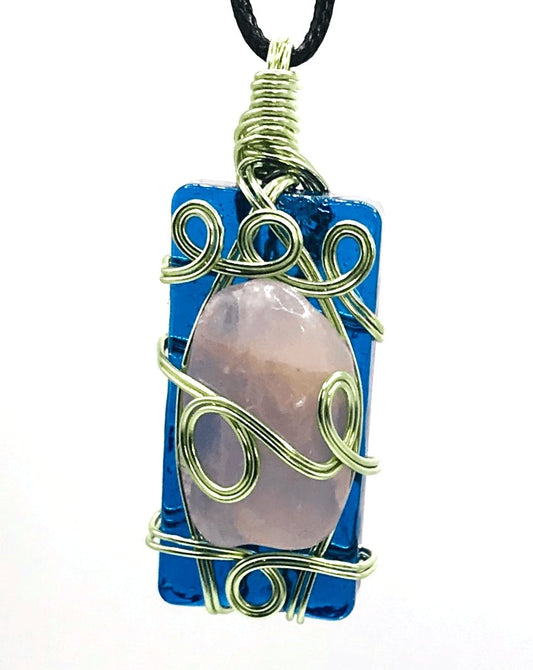 Rock & Glass Rose Quartz Pink Blue & Light Green Medium 1 1/2-2 inch Pendant - Sunshine & Goldie