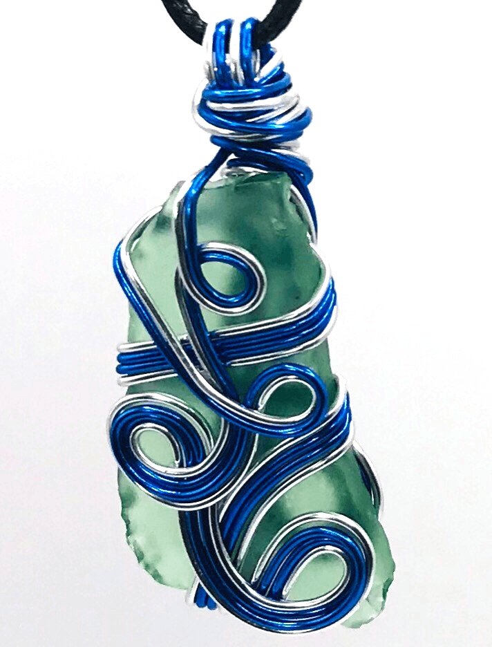 Sea Glass Green Blue and Silver Medium 1 1/2-2 inch Pendant - Sunshine & Goldie
