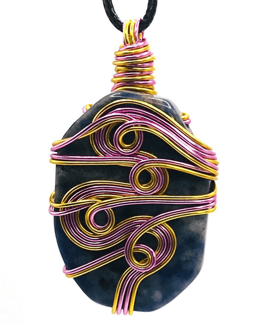 Sodalite Stone Blue Pink and Gold Medium 1 1/2-2 inch Pendant - Sunshine & Goldie
