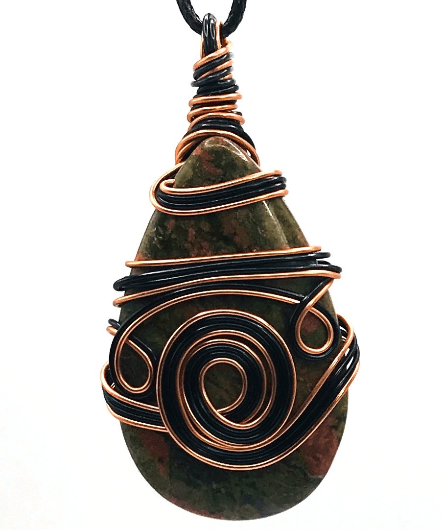 Unakite Stone Green Orange Black and Copper Large 2-2 1/2 inch Pendant - Sunshine & Goldie