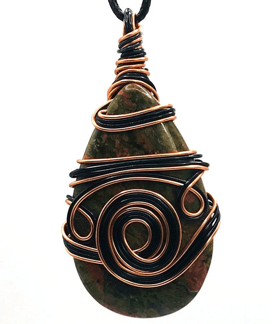 Unakite Stone Green Orange Black and Copper Large 2-2 1/2 inch Pendant - Sunshine & Goldie
