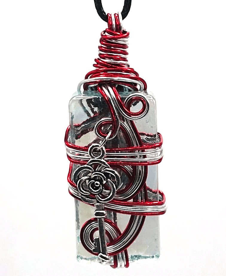Artisan Glass Celtic Knot Key Silver Red Medium 1 1/2-2 inch Pendant - Sunshine & Goldie
