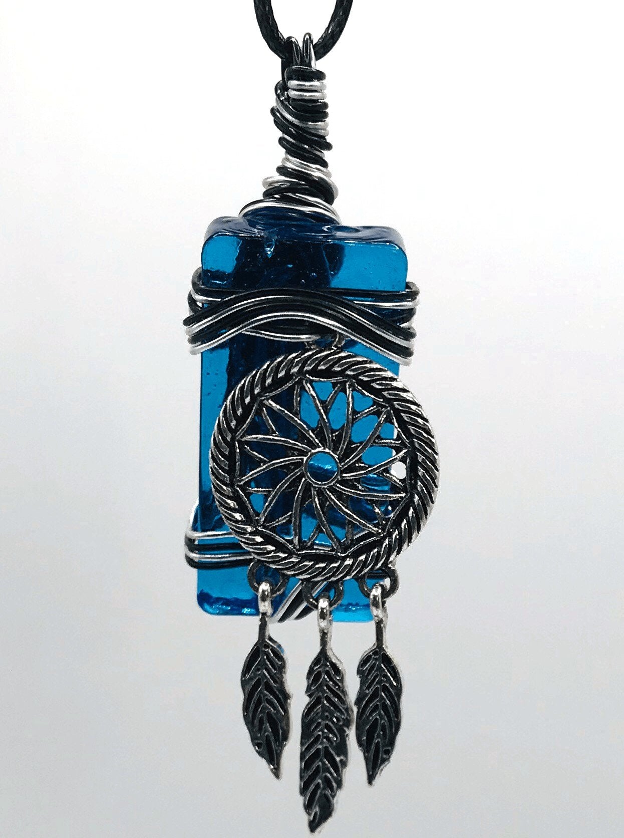 Artisan Glass Dreamcatcher Blue Silver and Black Extra Large 2+ inch Pendant - Sunshine & Goldie