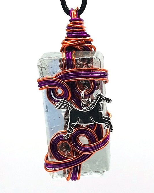 Artisan Glass Horse Purple Orange and Silver Medium 1 1/2-2 inch Pendant - Sunshine & Goldie