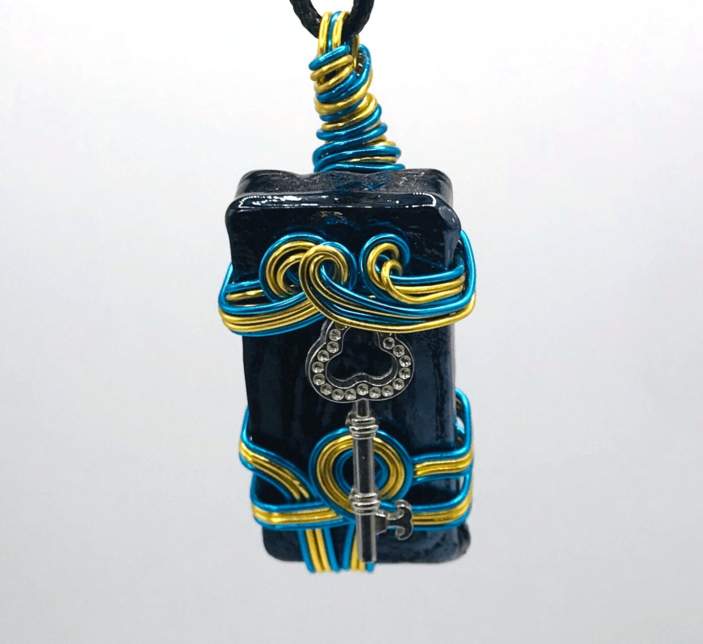 Artisan Glass Key Black Gold and Sky Blue Medium 1 1/2-2 inch Pendant - Sunshine & Goldie