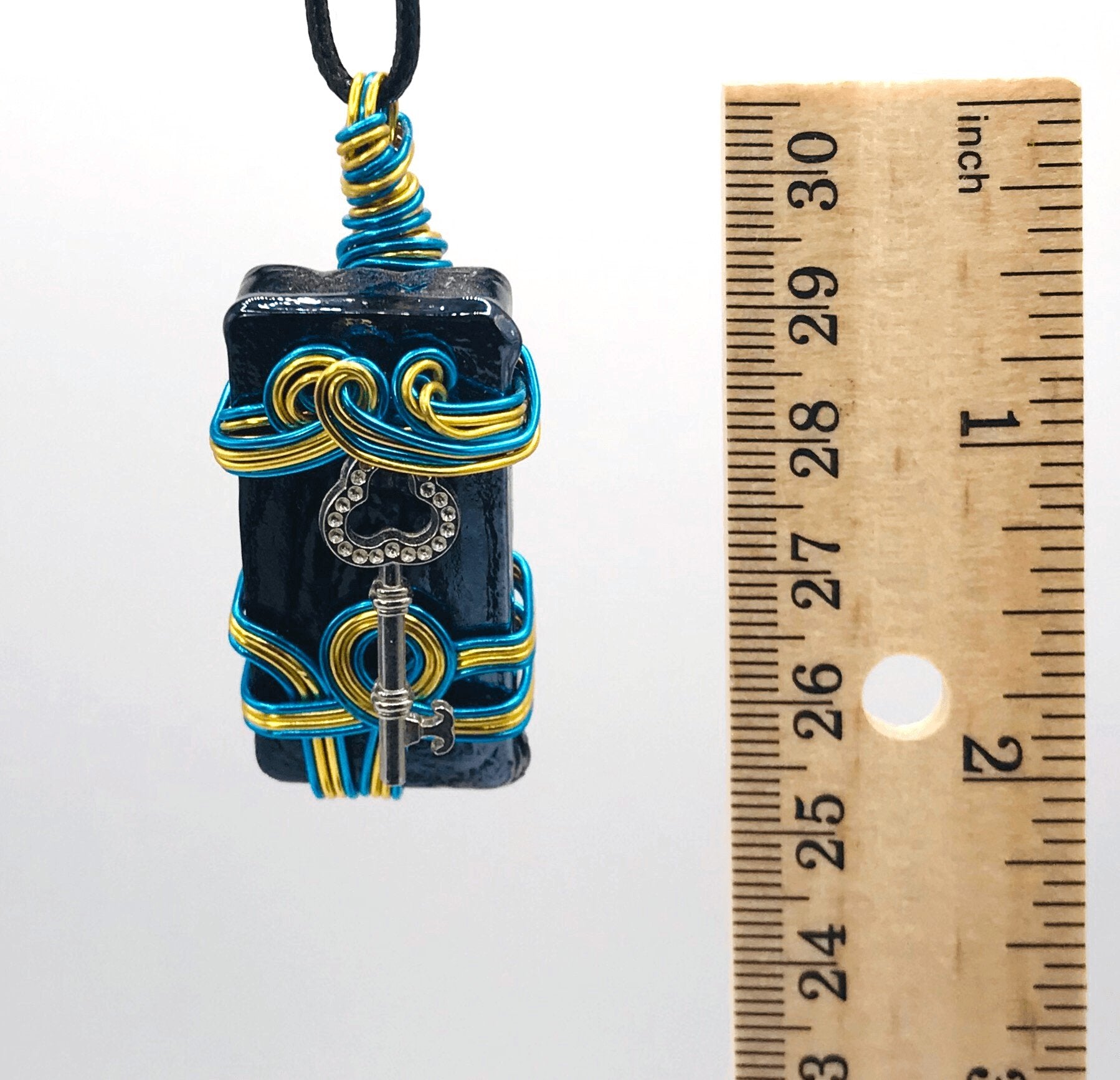 Artisan Glass Key Black Gold and Sky Blue Medium 1 1/2-2 inch Pendant - Sunshine & Goldie