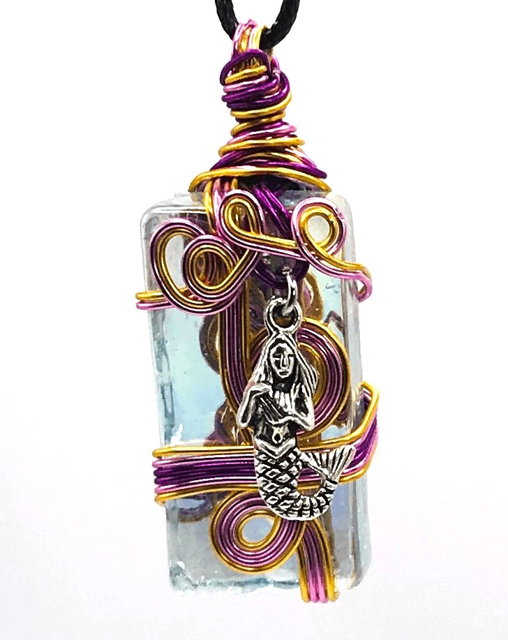 Artisan Glass Mermaid Pink Gold Silver and Purple Medium 1 1/2-2 inch Pendant - Sunshine & Goldie