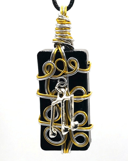 Artisan Glass Musical Note Black Silver and Gold Medium 1 1/2-2 inch Pendant - Sunshine & Goldie