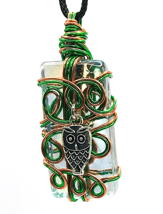 Artisan Glass Owl Green and Copper Silver Medium 1 1/2-2 inch Pendant - Sunshine & Goldie