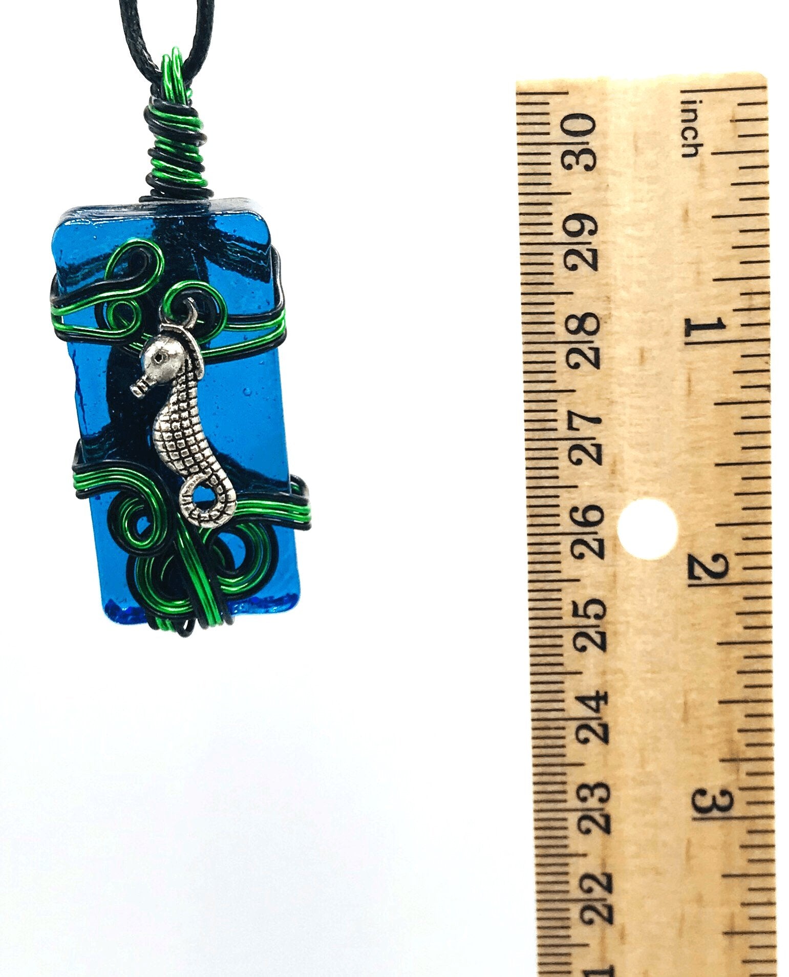 Artisan Glass Seahorse Blue Green and Black Medium 1 1/2-2 inch Pendant - Sunshine & Goldie