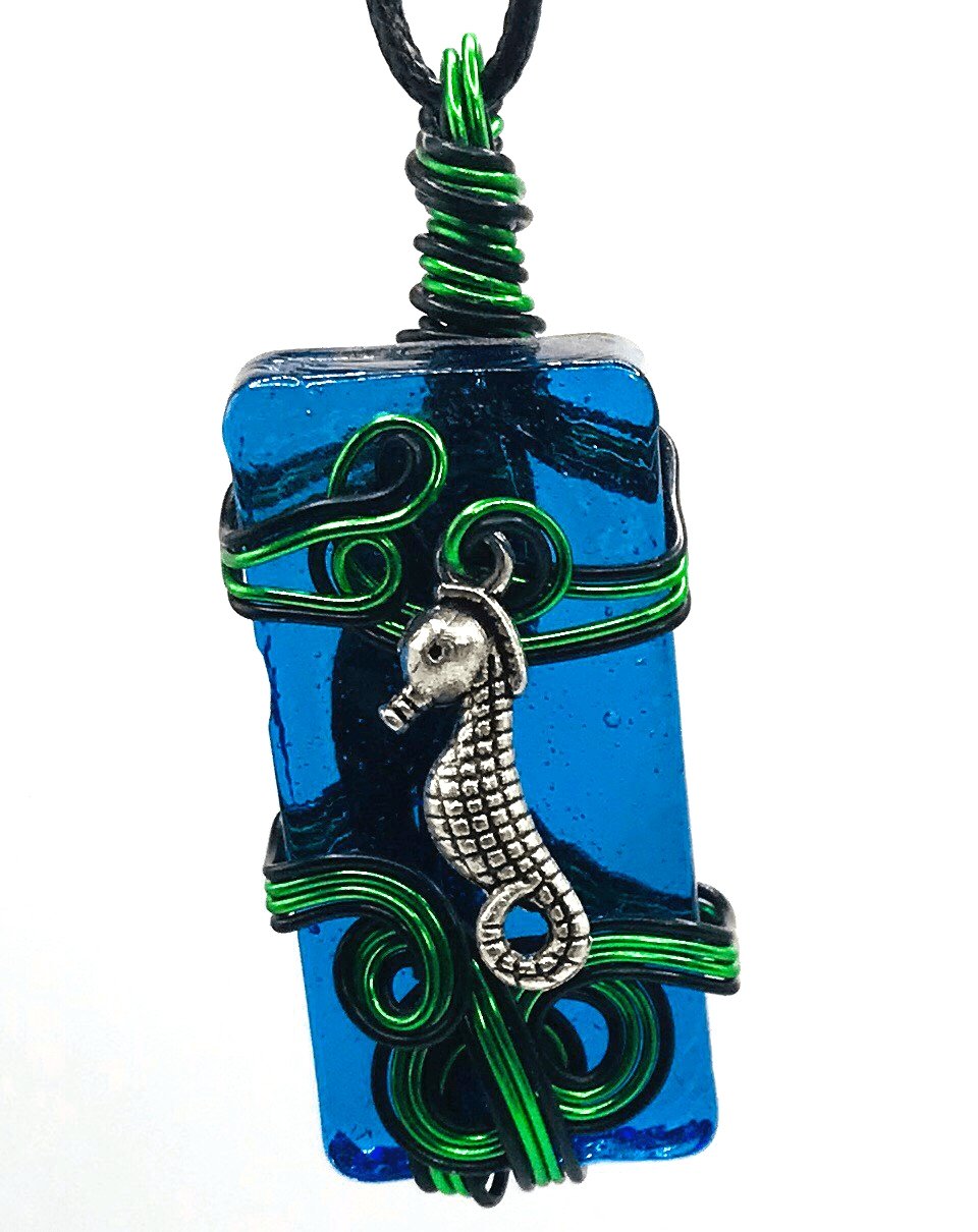 Artisan Glass Seahorse Blue Green and Black Medium 1 1/2-2 inch Pendant - Sunshine & Goldie