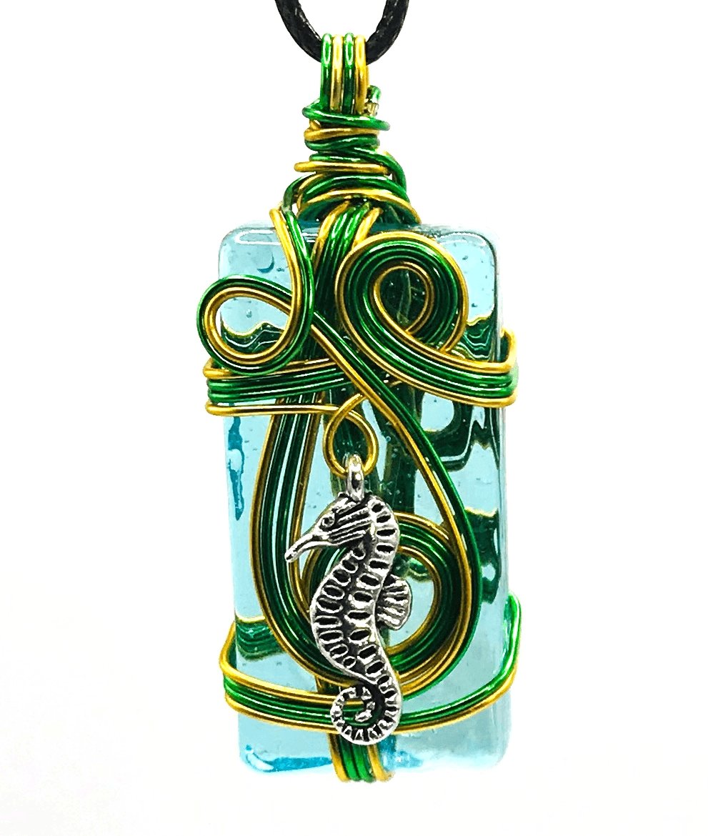 Artisan Glass Seahorse Light Blue Green Gold and Silver Medium 1 1/2-2 inch Pendant - Sunshine & Goldie