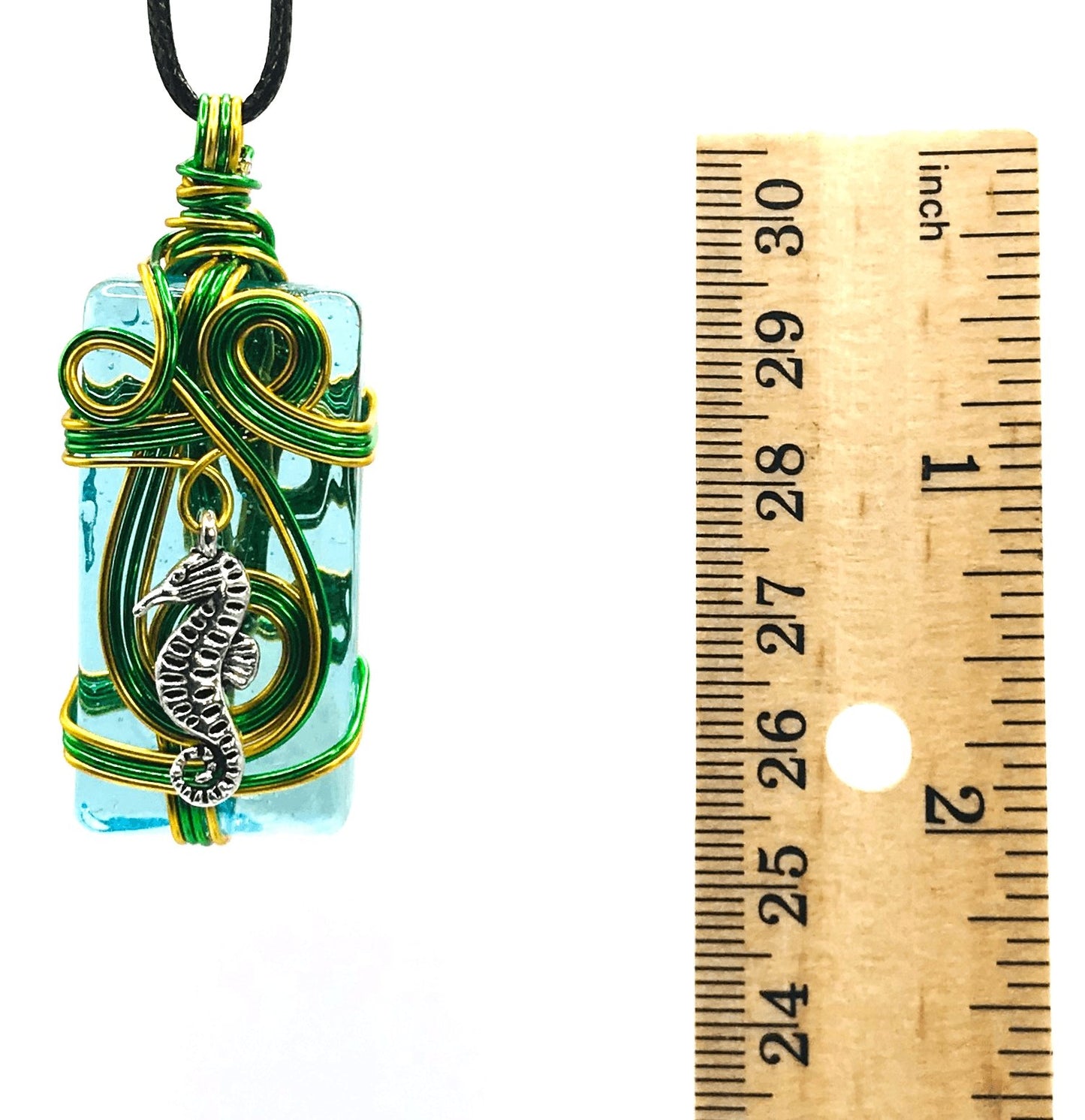 Artisan Glass Seahorse Light Blue Green Gold and Silver Medium 1 1/2-2 inch Pendant - Sunshine & Goldie