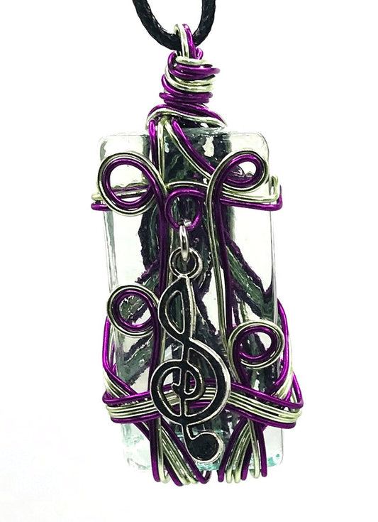 Artisan Glass Treble Clef Musical Note Purple and Light Green Silver Medium 1 1/2-2 inch Pendant - Sunshine & Goldie