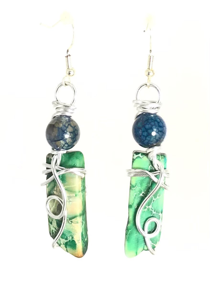 Blue Crackle Agate & Green Imperial Jasper Earrings - Sunshine & Goldie