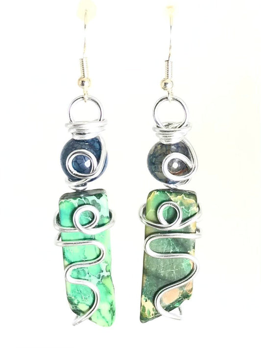 Blue Crackle Agate & Green Imperial Jasper Earrings - Sunshine & Goldie