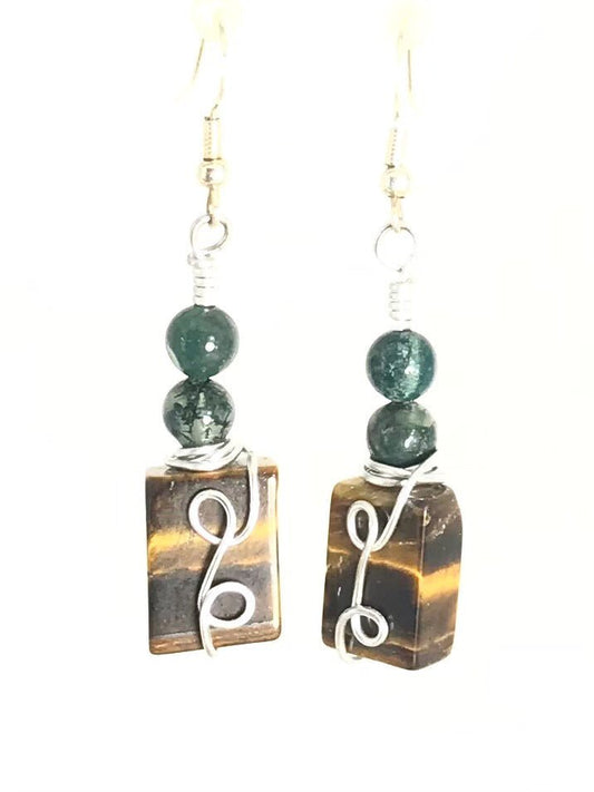 Green Agate & Tiger's Eye Earrings - Sunshine & Goldie