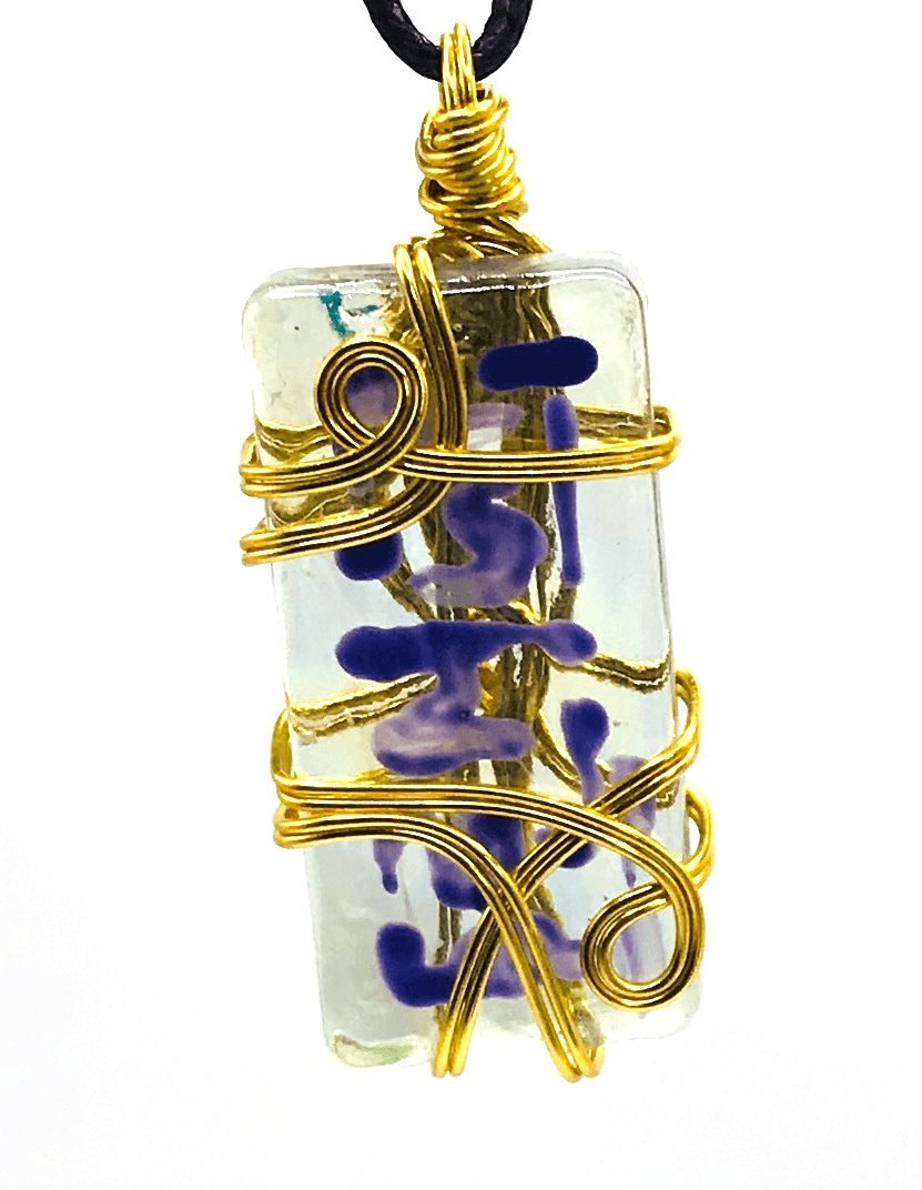 Hand Painted Limited Edition Artisan Glass Clear Purple Gold Medium 1 1/2-2 inch Pendant - Sunshine & Goldie