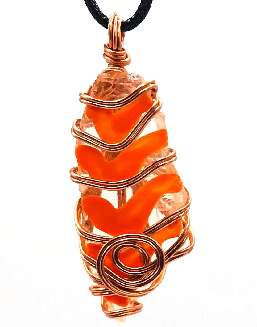 Hand Painted Limited Edition Sea Glass Clear Orange Copper Medium 1 1/2-2 inch Pendant - Sunshine & Goldie