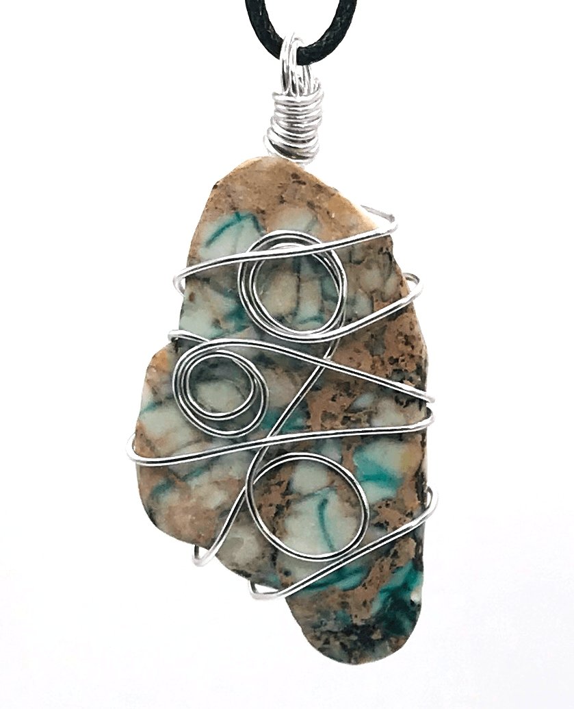 Imperial Jasper Stone Turquoise Green Tan Silver Medium 1 1/2-2 inch Pendant - Sunshine & Goldie