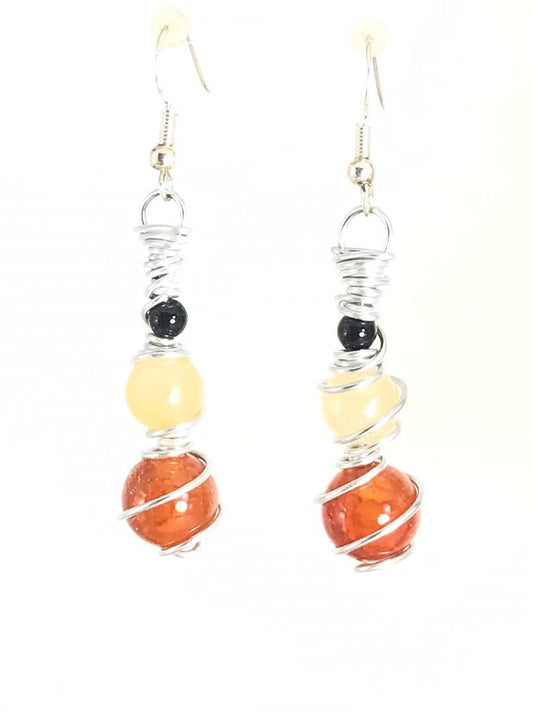 Obsidian Rose Quartz & Amber Fire Agate Earrings - Sunshine & Goldie