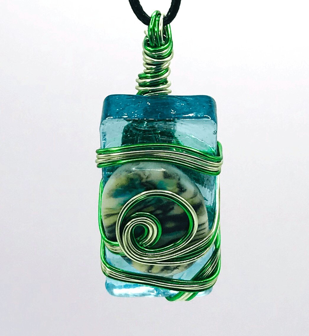 Rock & Glass Abalone Light Blue Green and Light Green Medium 1 1/2-2 inch Pendant - Sunshine & Goldie