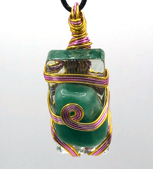 Rock & Glass Aventurine Green Pink & Gold Medium 1 1/2-2 inch Pendant - Sunshine & Goldie