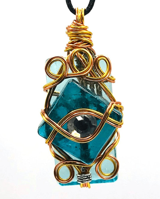 Rock & Glass Light Blue Gold and Copper Medium 1 1/2-2 inch Pendant - Sunshine & Goldie