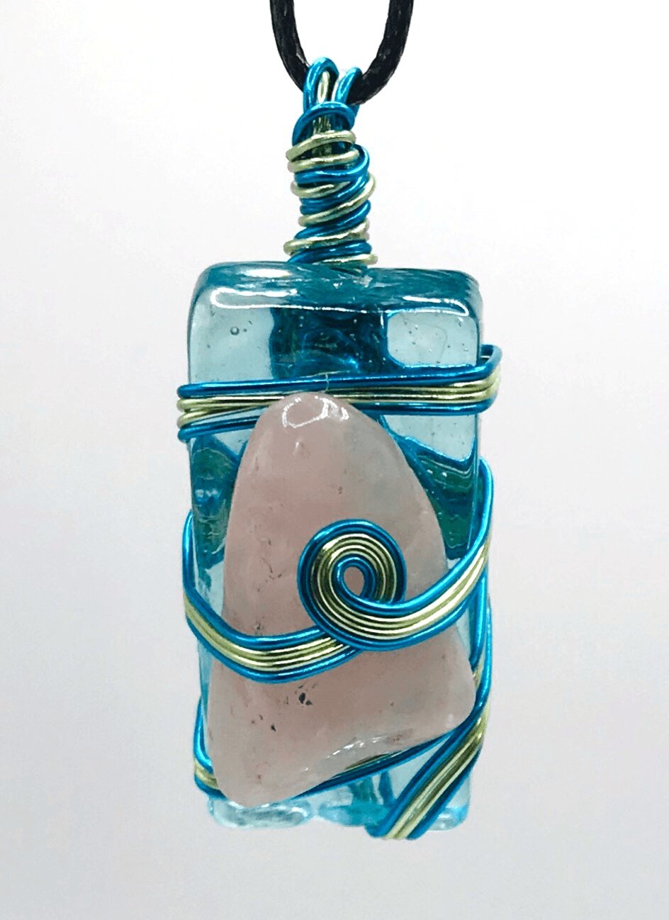 Rock & Glass Rose Quartz Pink Sky Blue & Green Medium 1 1/2-2 inch Pendant - Sunshine & Goldie