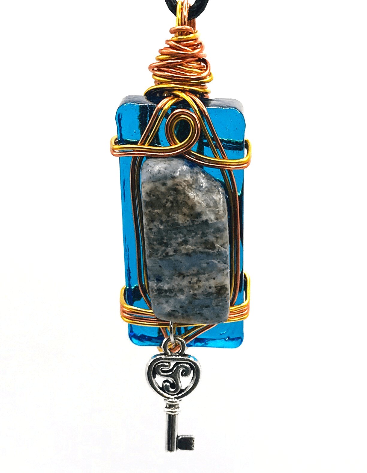 Rock & Glass Sodalite Blue with Silver Key Copper and Gold Large 2-2 1/2 inch Pendant - Sunshine & Goldie