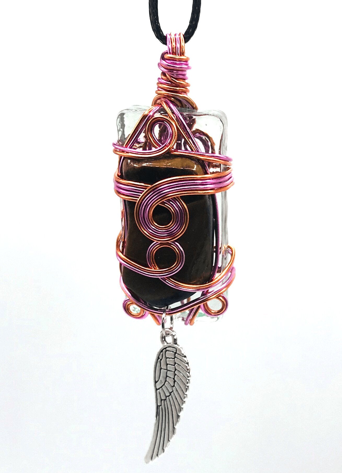 Rock & Glass Tiger Eye Brown with Silver Wing Pink and Copper Extra Large 2+ inch Pendant - Sunshine & Goldie