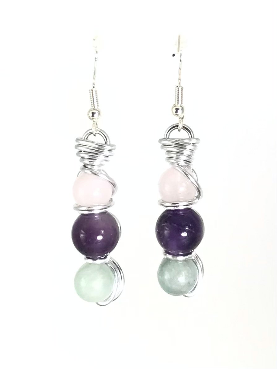 Rose Quartz Amethyst & Blue Gray Quartz Earrings - Sunshine & Goldie