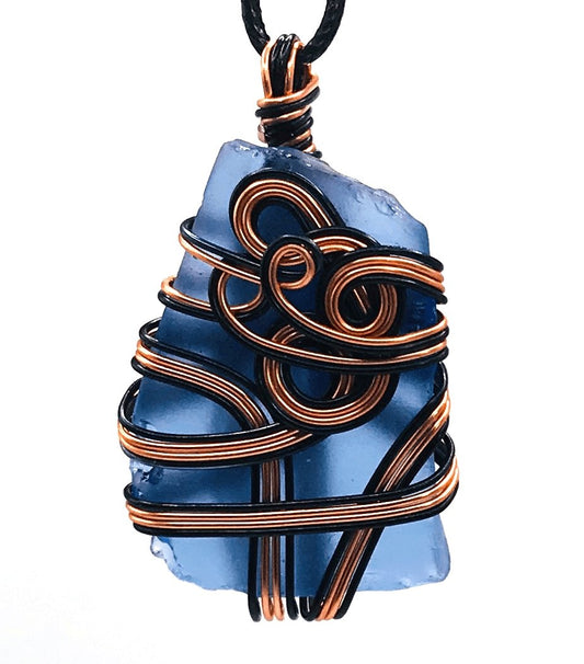 Sea Glass Blue Copper and Black Medium 1 1/2-2 inch Pendant - Sunshine & Goldie